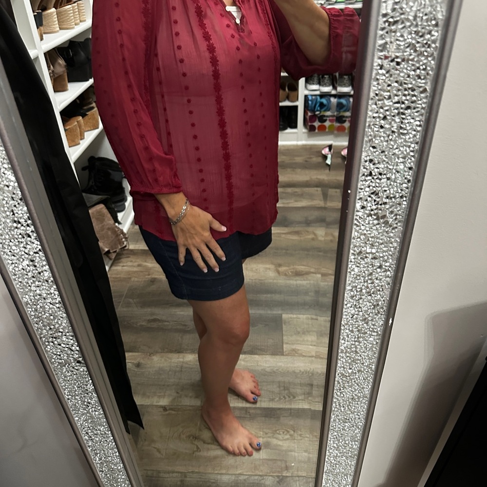 Lucky Brand Red Embellished 3/4 Sleeve Blouse large vintage